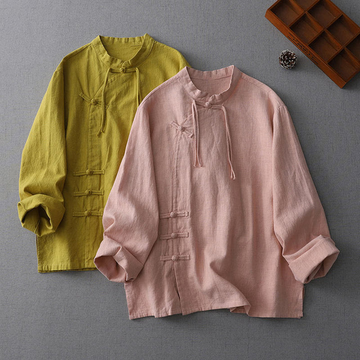 Camisa de Buddha Stones y algodón de manga larga para mujer, estilo vintage chino con diseño de rana y botones, cuello alto y diseño zen. - image 7