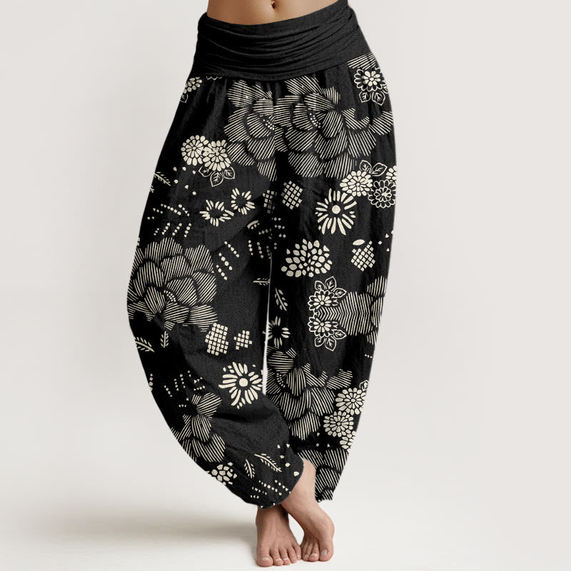 Pantalones harén con cintura elástica para mujer, diseño floral informal con Buddha Stones - Negro - US22，UK/AU26，EU54 (6XL) - image 1
