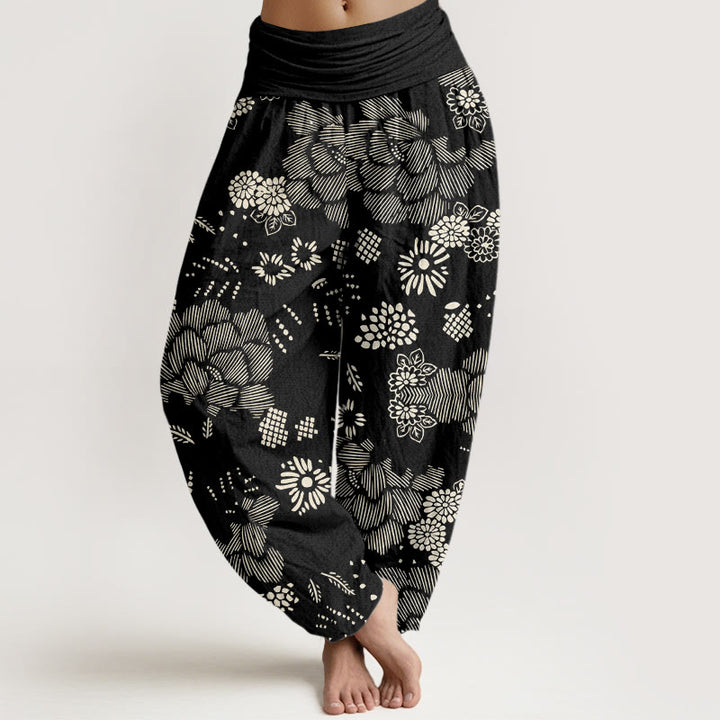 Pantalones harén con cintura elástica para mujer, diseño floral informal con Buddha Stones - Negro - US22，UK/AU26，EU54 (6XL) - image 1