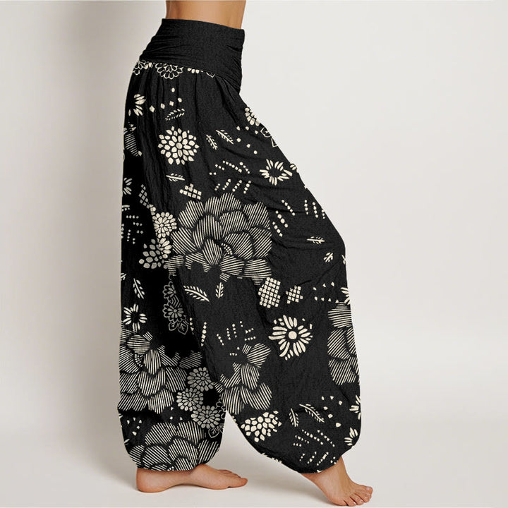 Pantalones harén con cintura elástica para mujer, diseño floral informal con Buddha Stones - image 2
