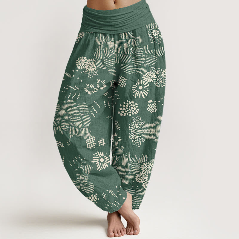 Pantalones harén con cintura elástica para mujer, diseño floral informal con Buddha Stones - Verde mar medio - US22，UK/AU26，EU54 (6XL) - image 5