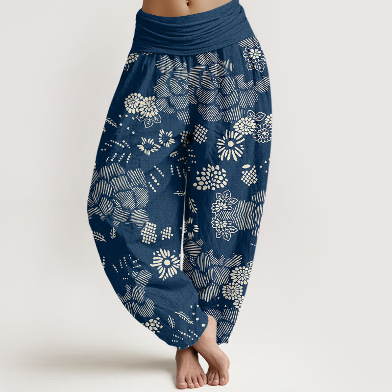 Pantalones harén con cintura elástica para mujer, diseño floral informal con Buddha Stones - Azul real - US22，UK/AU26，EU54 (6XL) - image 8