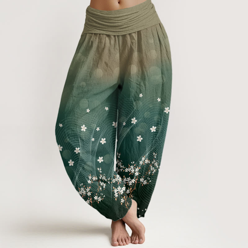 Pantalones harén con cintura elástica para mujer, con estampado floral, líneas onduladas y puntos de luz circulares y degradados de Buddha Stones - Cian oscuro - US22，UK/AU26，EU54 (6XL) - image 1
