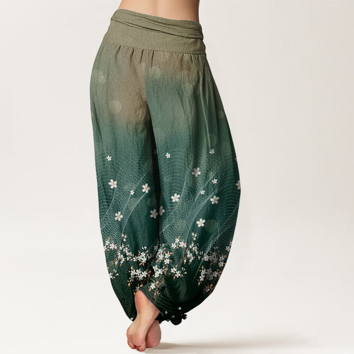 Pantalones harén con cintura elástica para mujer, con estampado floral, líneas onduladas y puntos de luz circulares y degradados de Buddha Stones - image 3