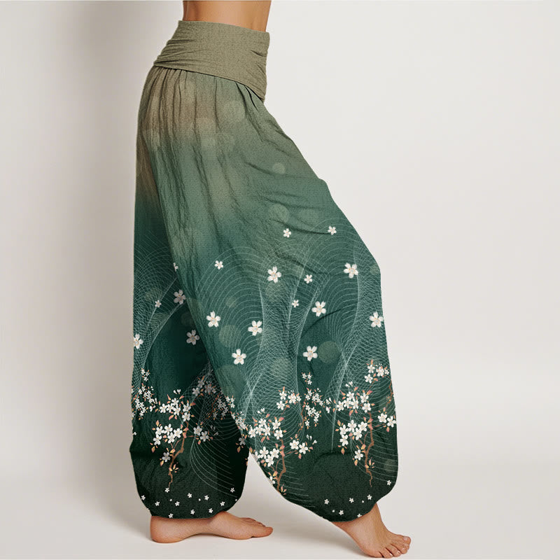 Pantalones harén con cintura elástica para mujer, con estampado floral, líneas onduladas y puntos de luz circulares y degradados de Buddha Stones - image 2