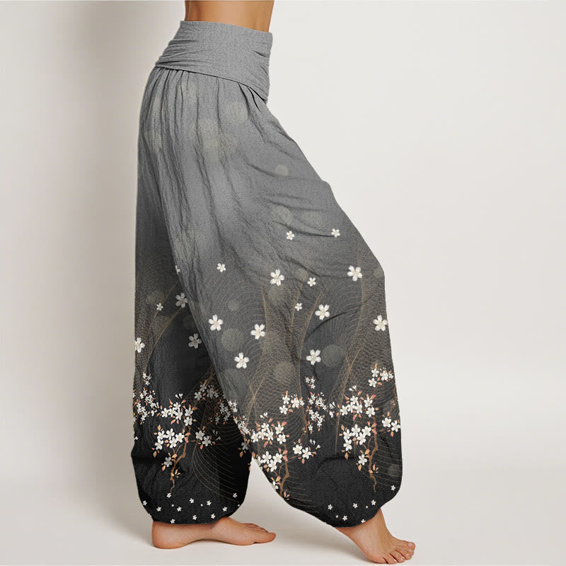 Pantalones harén con cintura elástica para mujer, con estampado floral, líneas onduladas y puntos de luz circulares y degradados de Buddha Stones - image 6