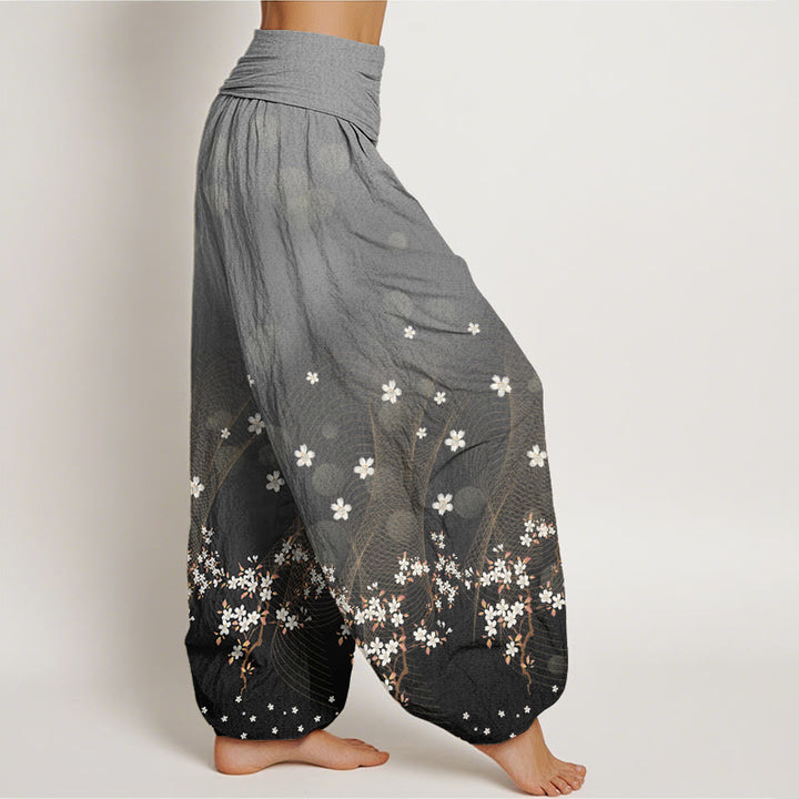Pantalones harén con cintura elástica para mujer, con estampado floral, líneas onduladas y puntos de luz circulares y degradados de Buddha Stones - image 6