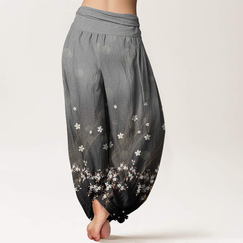 Pantalones harén con cintura elástica para mujer, con estampado floral, líneas onduladas y puntos de luz circulares y degradados de Buddha Stones - image 7