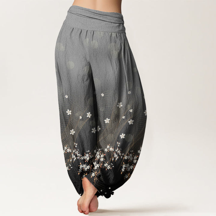 Pantalones harén con cintura elástica para mujer, con estampado floral, líneas onduladas y puntos de luz circulares y degradados de Buddha Stones - image 7
