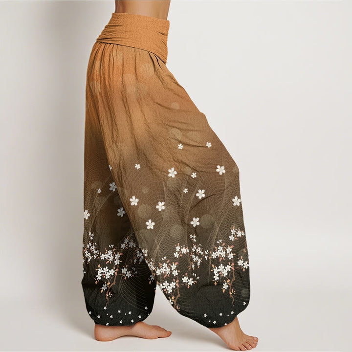 Pantalones harén con cintura elástica para mujer, con estampado floral, líneas onduladas y puntos de luz circulares y degradados de Buddha Stones - image 9