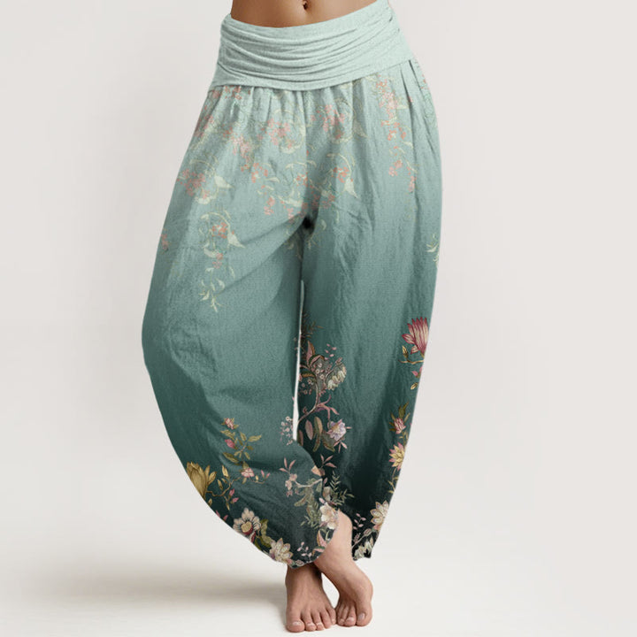 Pantalones harén con cintura elástica para mujer, con estampado floral delicado y degradado de Buddha Stones - Verde mar claro - US22，UK/AU26，EU54 (6XL) - image 1
