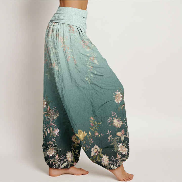 Pantalones harén con cintura elástica para mujer, con estampado floral delicado y degradado de Buddha Stones - image 1