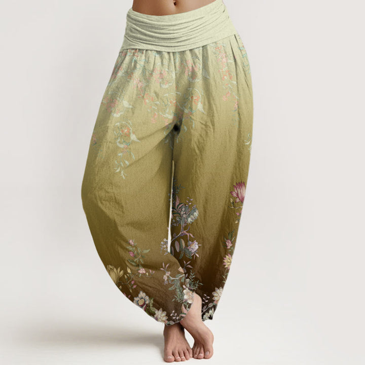 Pantalones harén con cintura elástica para mujer, con estampado floral delicado y degradado de Buddha Stones - Caqui oscuro - US22，UK/AU26，EU54 (6XL) - image 8