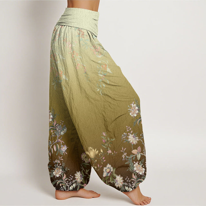 Pantalones Buddha Stones de cintura elástica para mujer, de algodón, estilo casual, con degradado de flores y hojas delicadas. - image 9