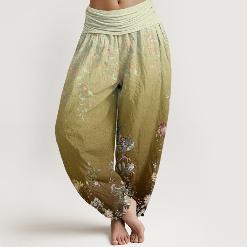 Pantalones harén con cintura elástica para mujer, con estampado floral delicado y degradado de Buddha Stones - Caqui oscuro - US22，UK/AU26，EU54 (6XL) - image 7