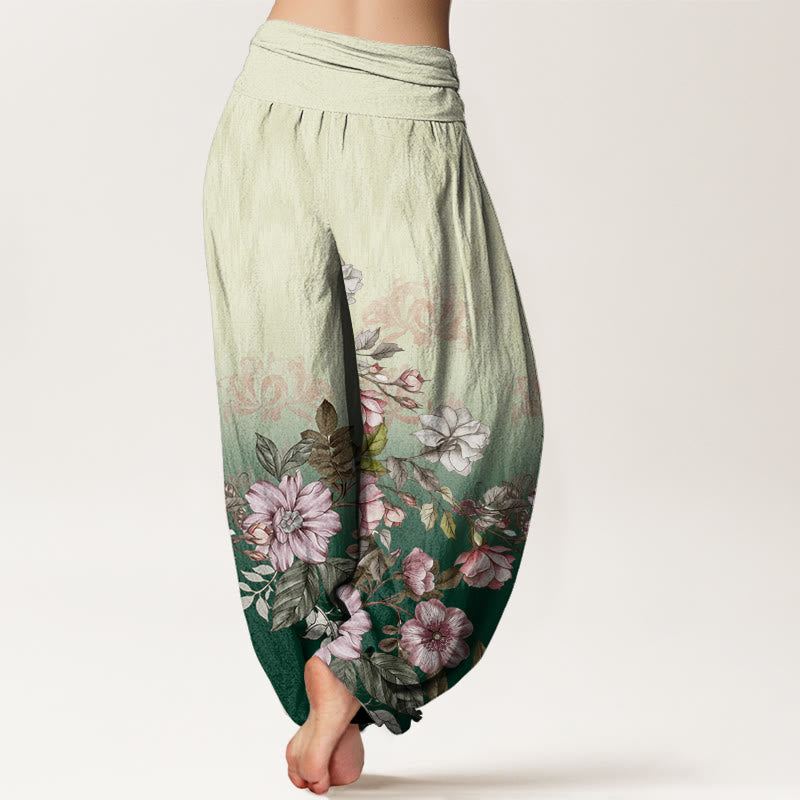 Pantalones harén de cintura elástica para mujer con estampado de pétalos y hojas en degradado de Buddha Stones - image 3