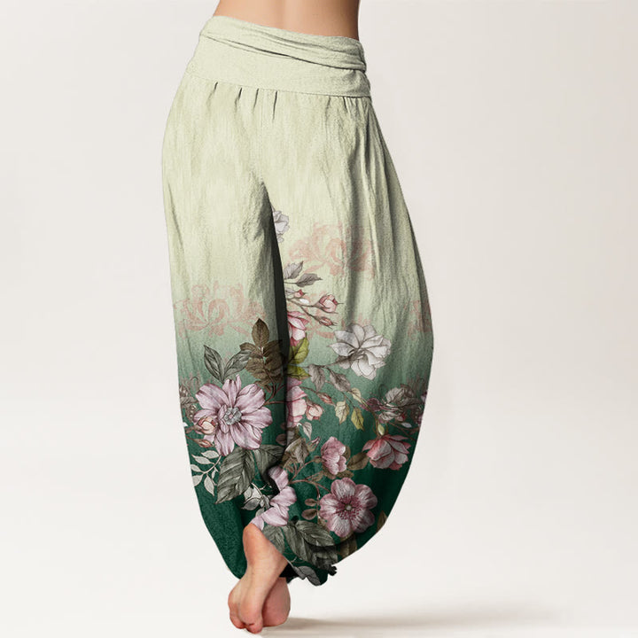 Pantalones harén de cintura elástica para mujer con estampado de pétalos y hojas en degradado de Buddha Stones - image 3