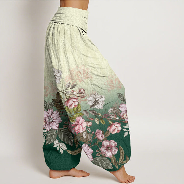 Pantalones harén de cintura elástica para mujer con estampado de pétalos y hojas en degradado de Buddha Stones - image 1
