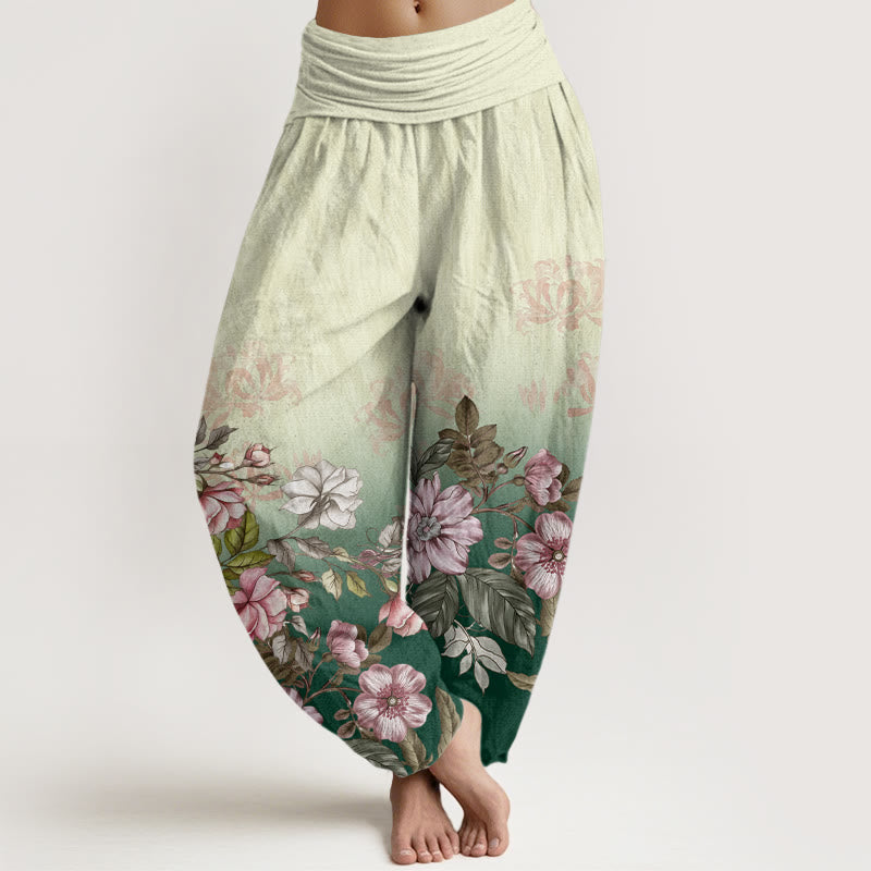 Pantalones harén de cintura elástica para mujer con estampado de pétalos y hojas en degradado de Buddha Stones - Verde - US22，UK/AU26，EU54 (6XL) - image 0