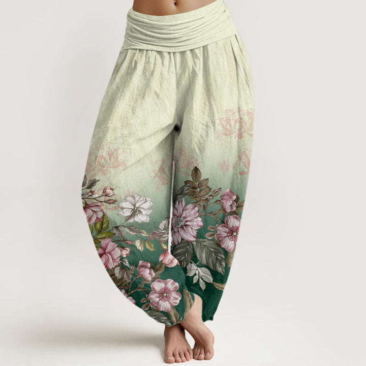 Pantalones harén de cintura elástica para mujer con estampado de pétalos y hojas en degradado de Buddha Stones - Verde - US22，UK/AU26，EU54 (6XL) - image 1