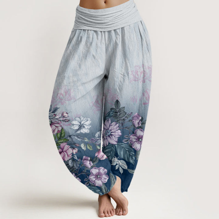 Pantalones harén de cintura elástica para mujer con estampado de pétalos y hojas en degradado de Buddha Stones - Azul cielo claro - US22，UK/AU26，EU54 (6XL) - image 5