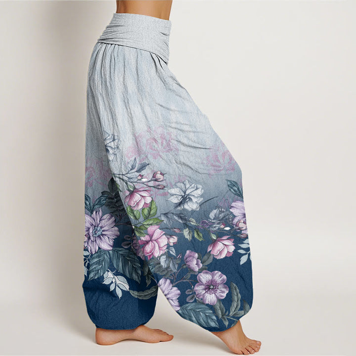 Pantalones harén de cintura elástica para mujer con estampado de pétalos y hojas en degradado de Buddha Stones - image 5