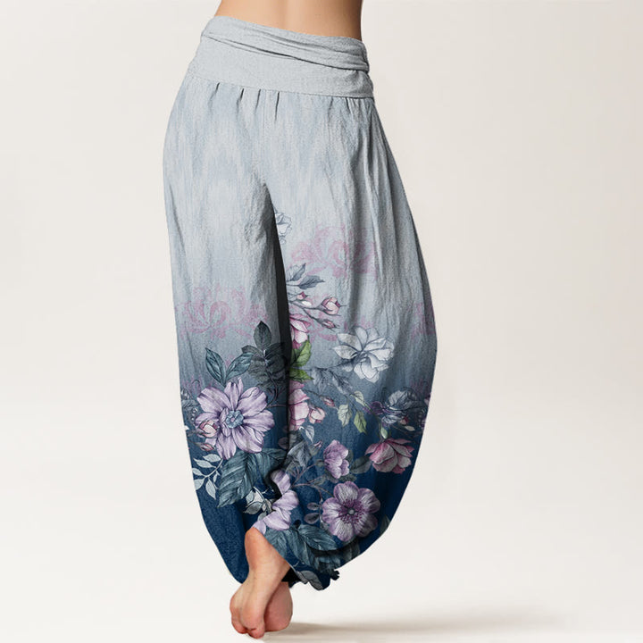 Pantalones harén de cintura elástica para mujer con estampado de pétalos y hojas en degradado de Buddha Stones - image 6