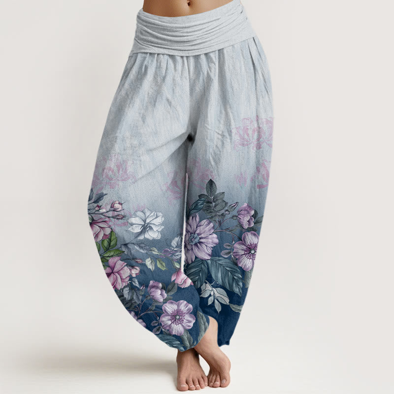 Pantalones harén de cintura elástica para mujer con estampado de pétalos y hojas en degradado de Buddha Stones - Azul celeste claro - US22，UK/AU26，EU54 (6XL) - image 4