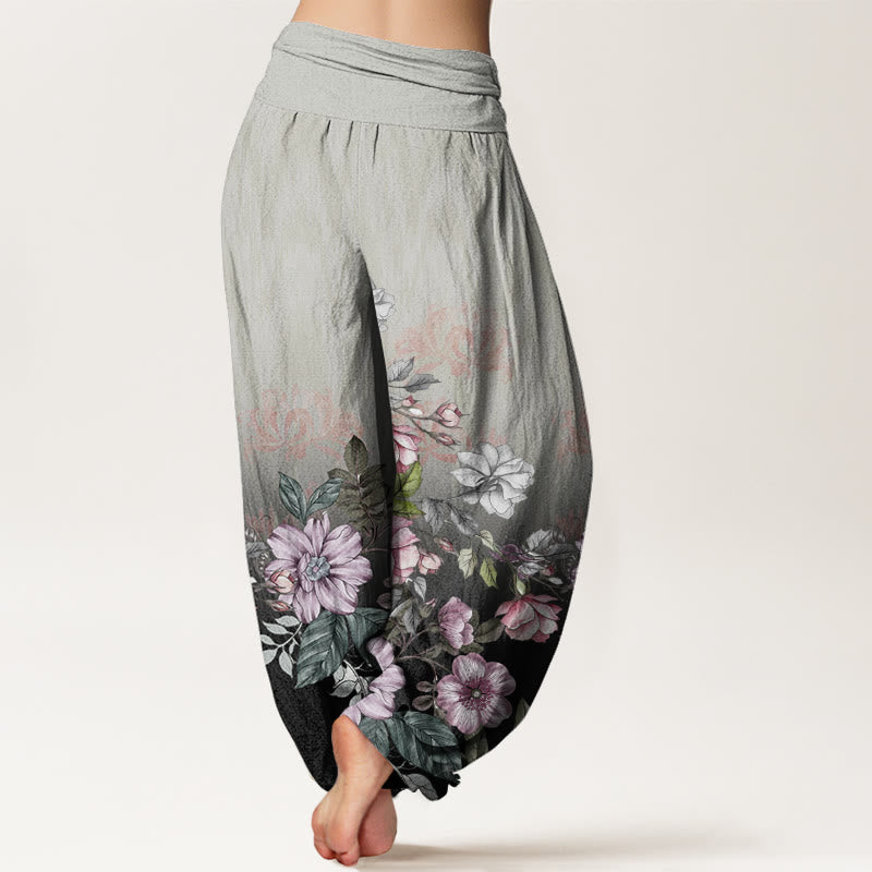 Pantalones harén de cintura elástica para mujer con estampado de pétalos y hojas en degradado de Buddha Stones - image 9