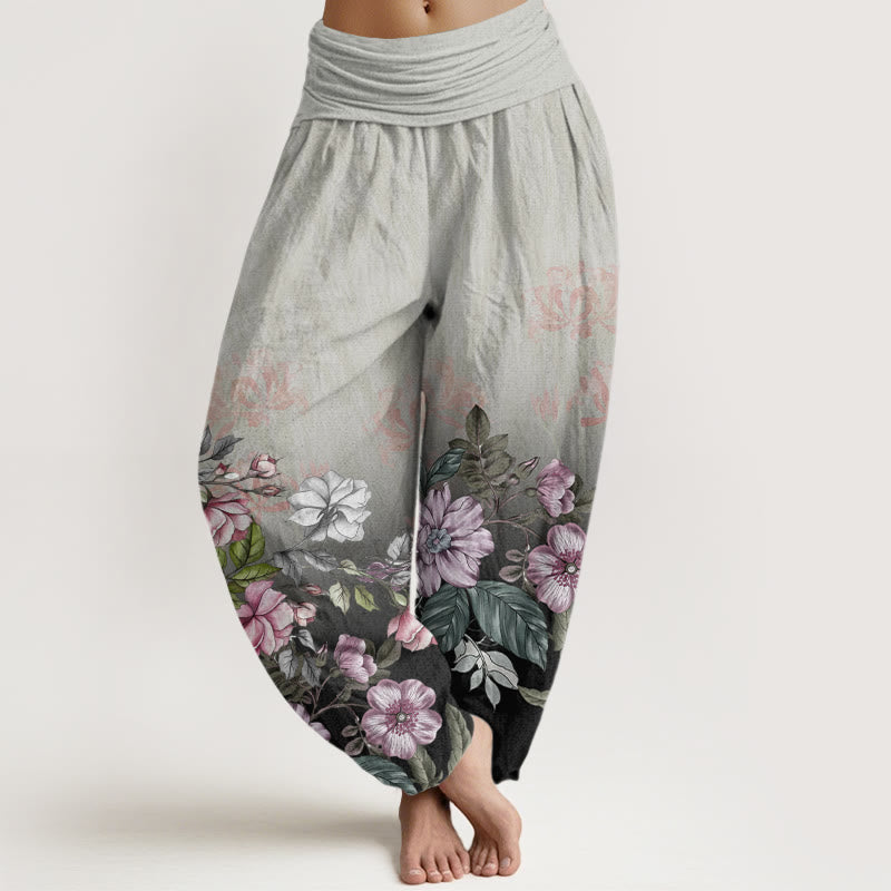 Pantalones harén de cintura elástica para mujer con estampado de pétalos y hojas en degradado de Buddha Stones - Gris oscuro - US22，UK/AU26，EU54 (6XL) - image 8