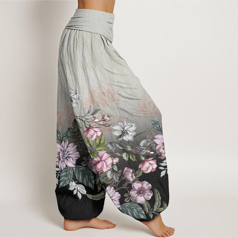 Pantalones harén de cintura elástica para mujer con estampado de pétalos y hojas en degradado de Buddha Stones - image 9