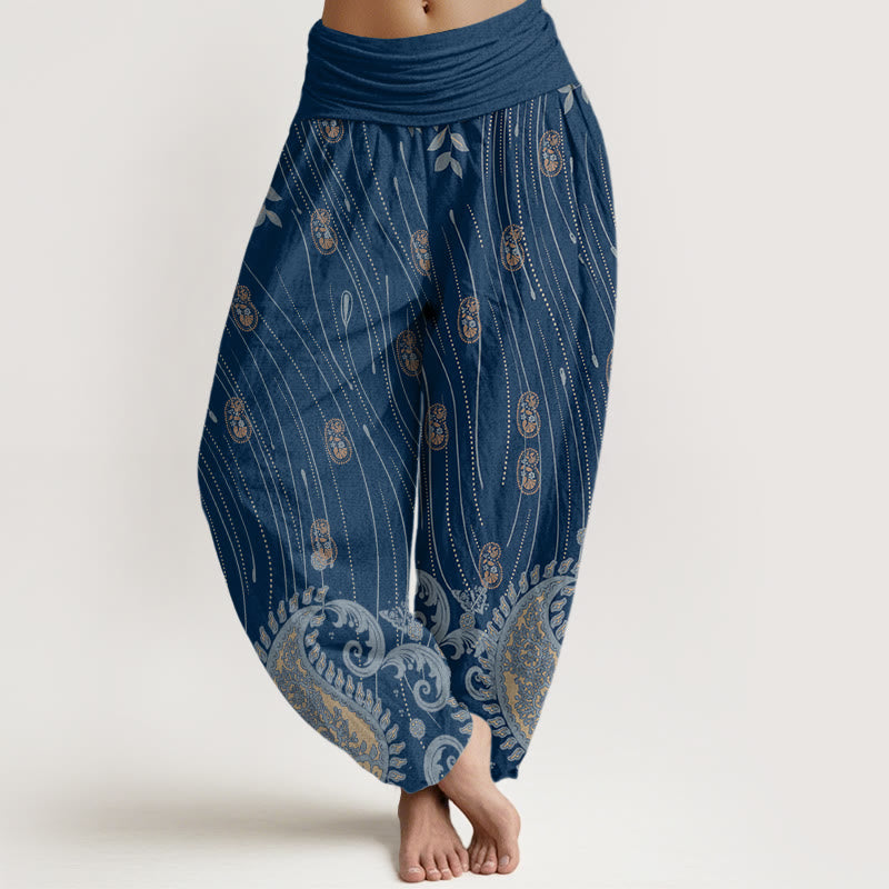 Pantalones harén con cintura elástica para mujer, estampado de cachemira, hojas de plantas y líneas onduladas, estilo casual, con Buddha Stones - Azul medio - US22，UK/AU26，EU54 (6XL) - image 1