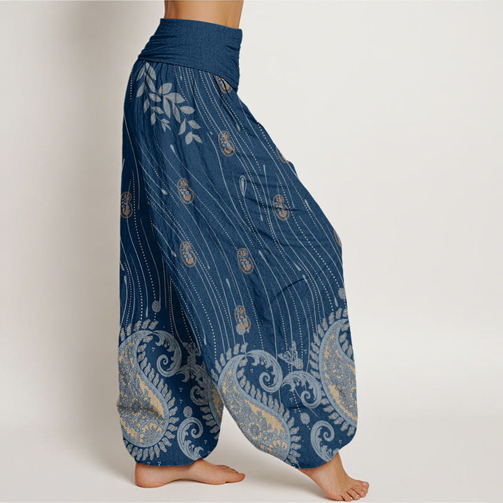 Pantalones harén con cintura elástica para mujer, estampado de cachemira, hojas de plantas y líneas onduladas, estilo casual, con Buddha Stones - image 2