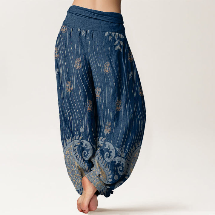 Pantalones harén con cintura elástica para mujer, estampado de cachemira, hojas de plantas y líneas onduladas, estilo casual, con Buddha Stones - image 3