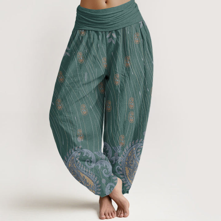 Pantalones harén con cintura elástica para mujer, estampado de cachemira, hojas de plantas y líneas onduladas, estilo casual, con Buddha Stones - Cian oscuro - US22，UK/AU26，EU54 (6XL) - image 5