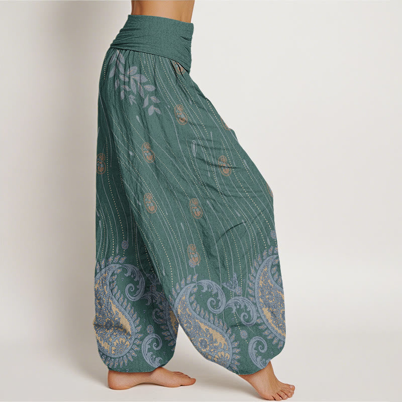 Pantalones harén con cintura elástica para mujer, estampado de cachemira, hojas de plantas y líneas onduladas, estilo casual, con Buddha Stones - image 6