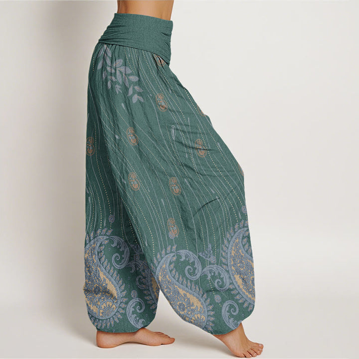 Pantalones harén con cintura elástica para mujer, estampado de cachemira, hojas de plantas y líneas onduladas, estilo casual, con Buddha Stones - image 6