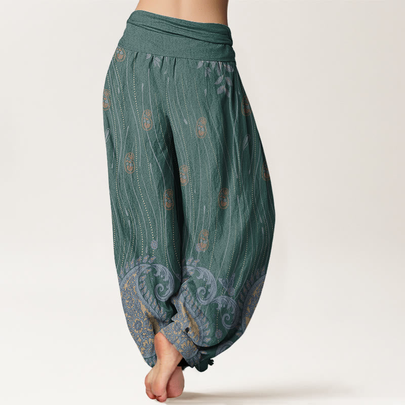 Pantalones harén con cintura elástica para mujer, estampado de cachemira, hojas de plantas y líneas onduladas, estilo casual, con Buddha Stones - image 7