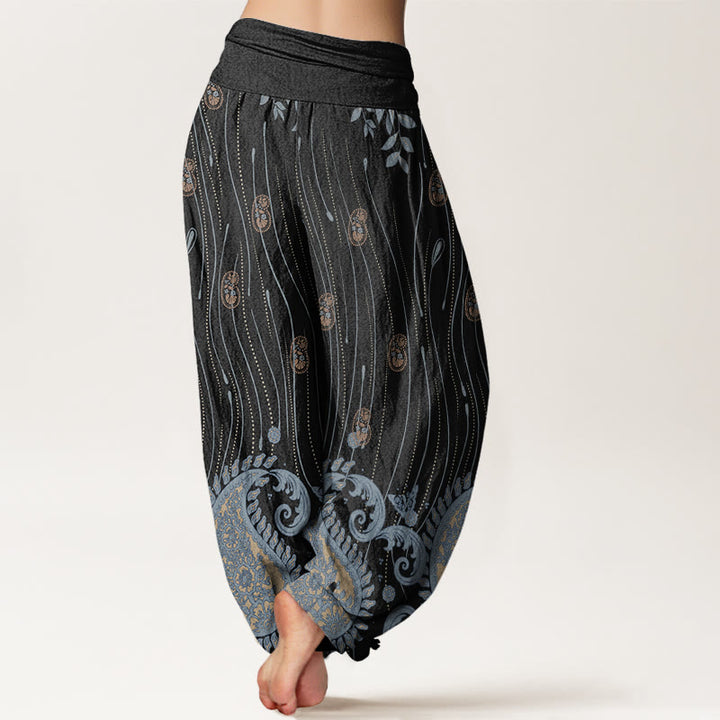 Pantalones harén con cintura elástica para mujer, estampado de cachemira, hojas de plantas y líneas onduladas, estilo casual, con Buddha Stones - image 10