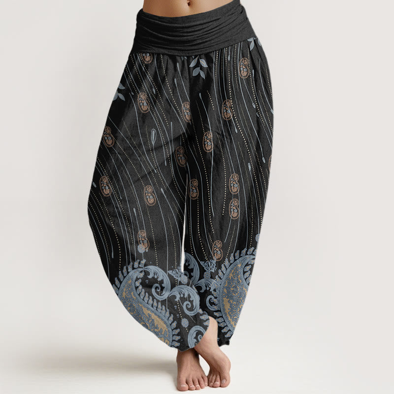 Pantalones harén con cintura elástica para mujer, estampado de cachemira, hojas de plantas y líneas onduladas, estilo casual, con Buddha Stones - Negro - US22，UK/AU26，EU54 (6XL) - image 8