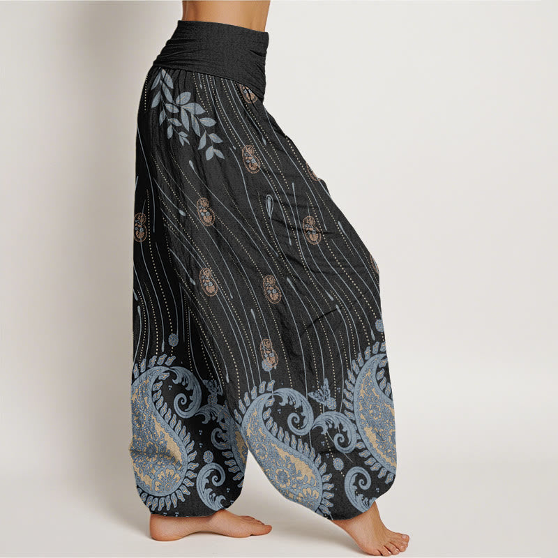 Pantalones harén con cintura elástica para mujer, estampado de cachemira, hojas de plantas y líneas onduladas, estilo casual, con Buddha Stones - image 9