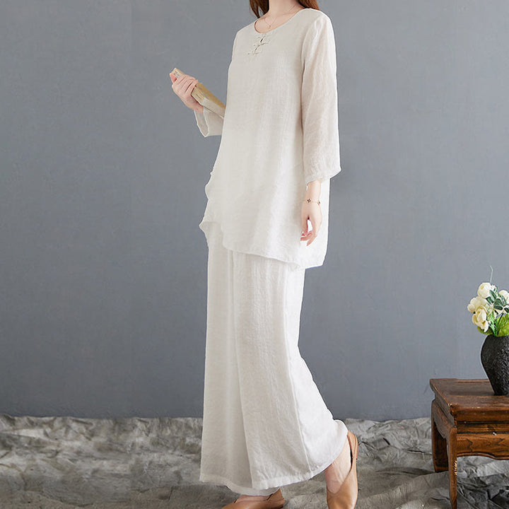 Conjunto de 2 piezas de camisa y pantalones de manga larga con diseño de rana china y botones de Buddha Stones, de algodón y lino, para meditación, zen y tai chi, para mujer.