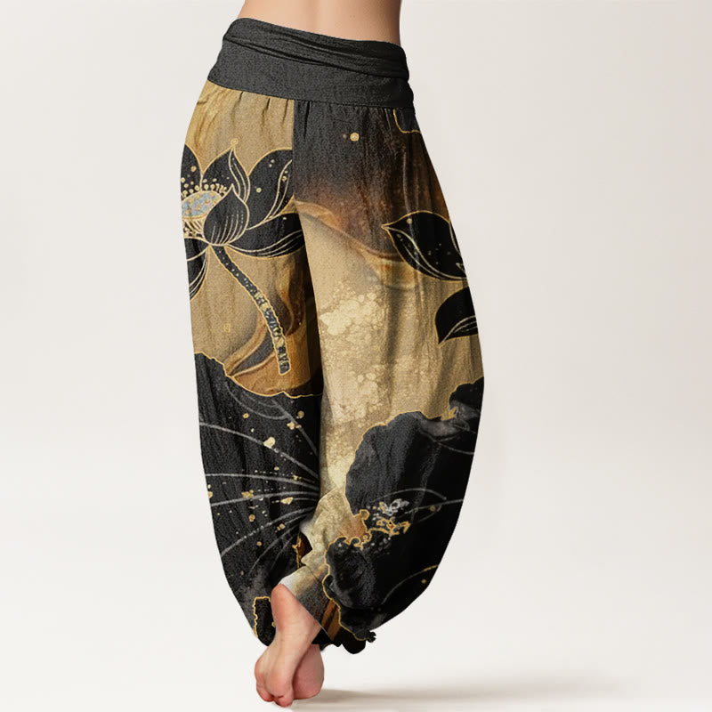 Pantalones harén con cintura elástica para mujer, con estampado de pétalos de loto y Buddha Stones - image 3
