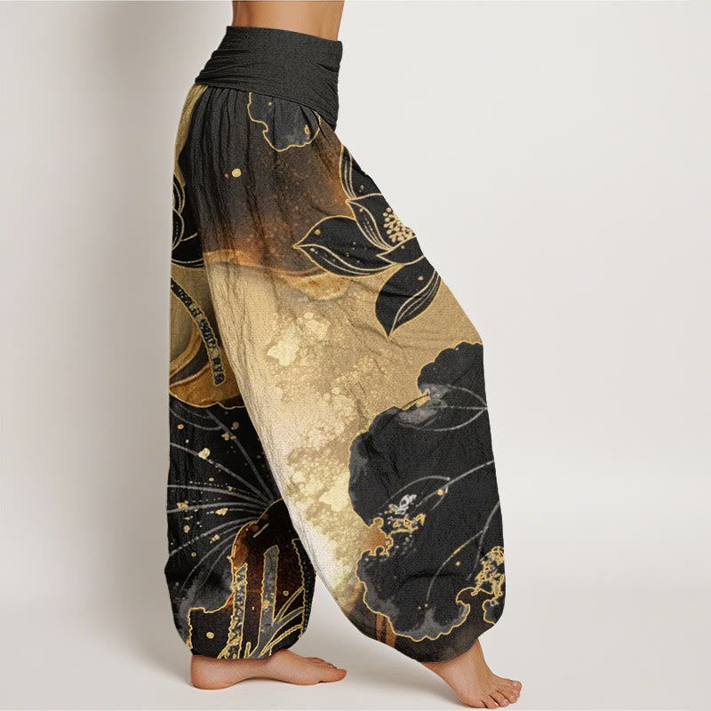 Pantalones harén con cintura elástica para mujer, con estampado de pétalos de loto y Buddha Stones - image 1