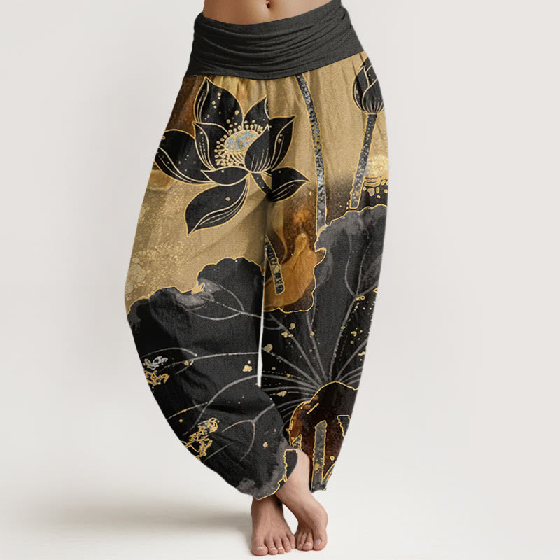 Pantalones harén con cintura elástica para mujer, con estampado de pétalos de loto y Buddha Stones - Negro - US22，UK/AU26，EU54 (6XL) - image 0
