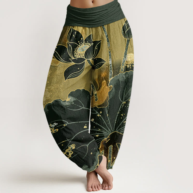 Pantalones harén con cintura elástica para mujer, con estampado de pétalos de loto y Buddha Stones - Verde oliva oscuro - US22，UK/AU26，EU54 (6XL) - image 4