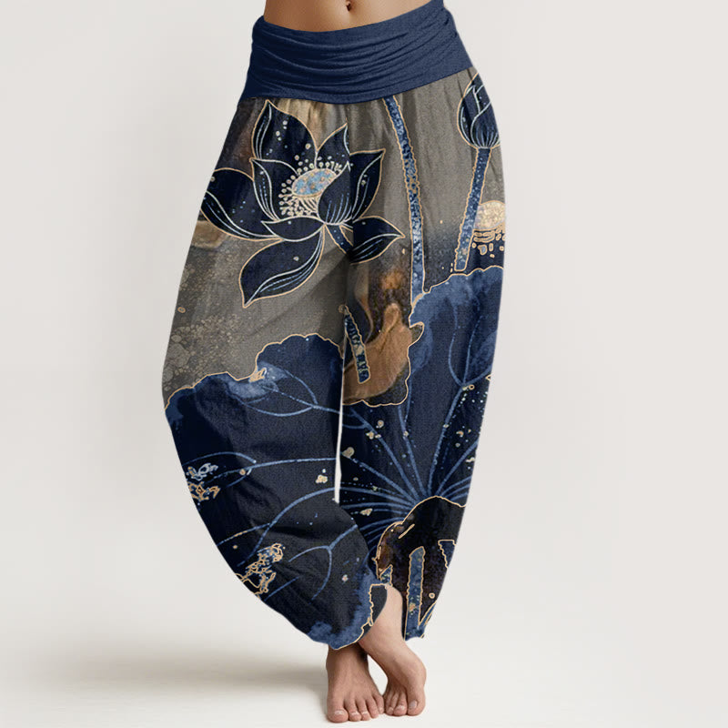 Pantalones harén con cintura elástica para mujer, con estampado de pétalos de loto y Buddha Stones - Marina de guerra - US22，UK/AU26，EU54 (6XL) - image 7