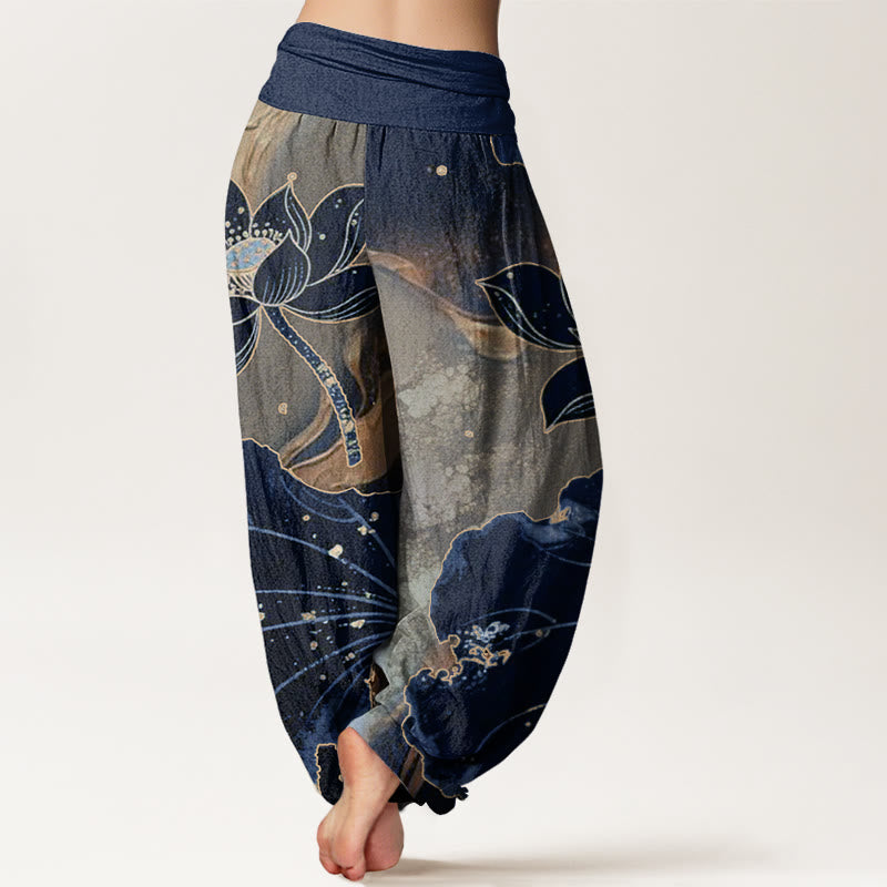 Pantalones bombachos de mujer con cintura elástica, estampado de pétalos de loto y algodón con Buddha Stones. - image 9