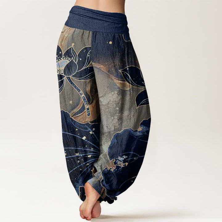 Pantalones bombachos de mujer con cintura elástica, estampado de pétalos de loto y algodón con Buddha Stones. - image 9