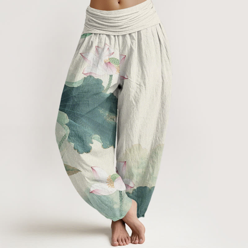 Pantalones harén con cintura elástica para mujer, con estampado de pétalos de loto y Buddha Stones - Aguamarina mediana - US22，UK/AU26，EU54 (6XL) - image 1